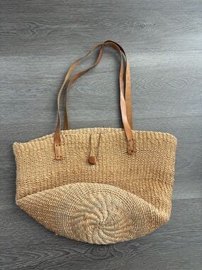 Woven Straw Tote Bag with genuine Leather Straps - Natural